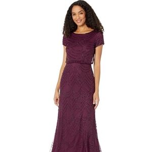 Adrianna Pappell Short Sleeve Blouson Beaded Gown, Cassis, Size 6